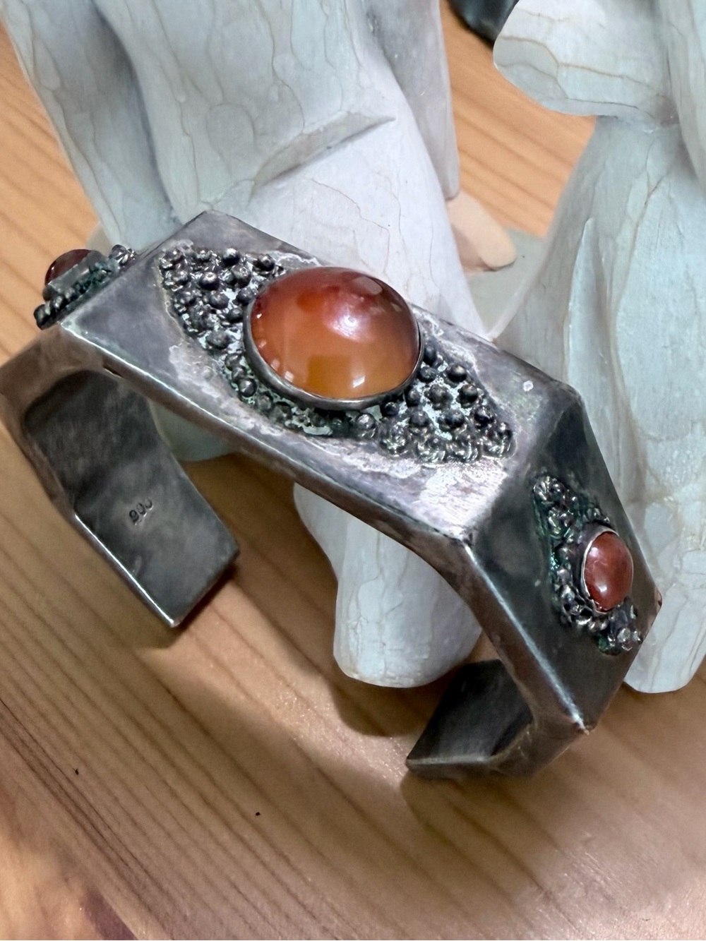 Vintage 900 Silver (90 percent)Cuff Bracelet with Amber Cabochons